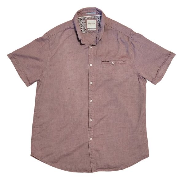 Denim Flower Button Front Shirt Mens Size L Red Short Sleeve Top - Picture 1 of 8